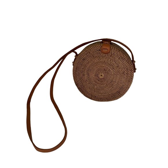 Straw Studios Hand Woven Circular Round Shoulder Crossbody Bag Women's Brown - Picture 3 of 9